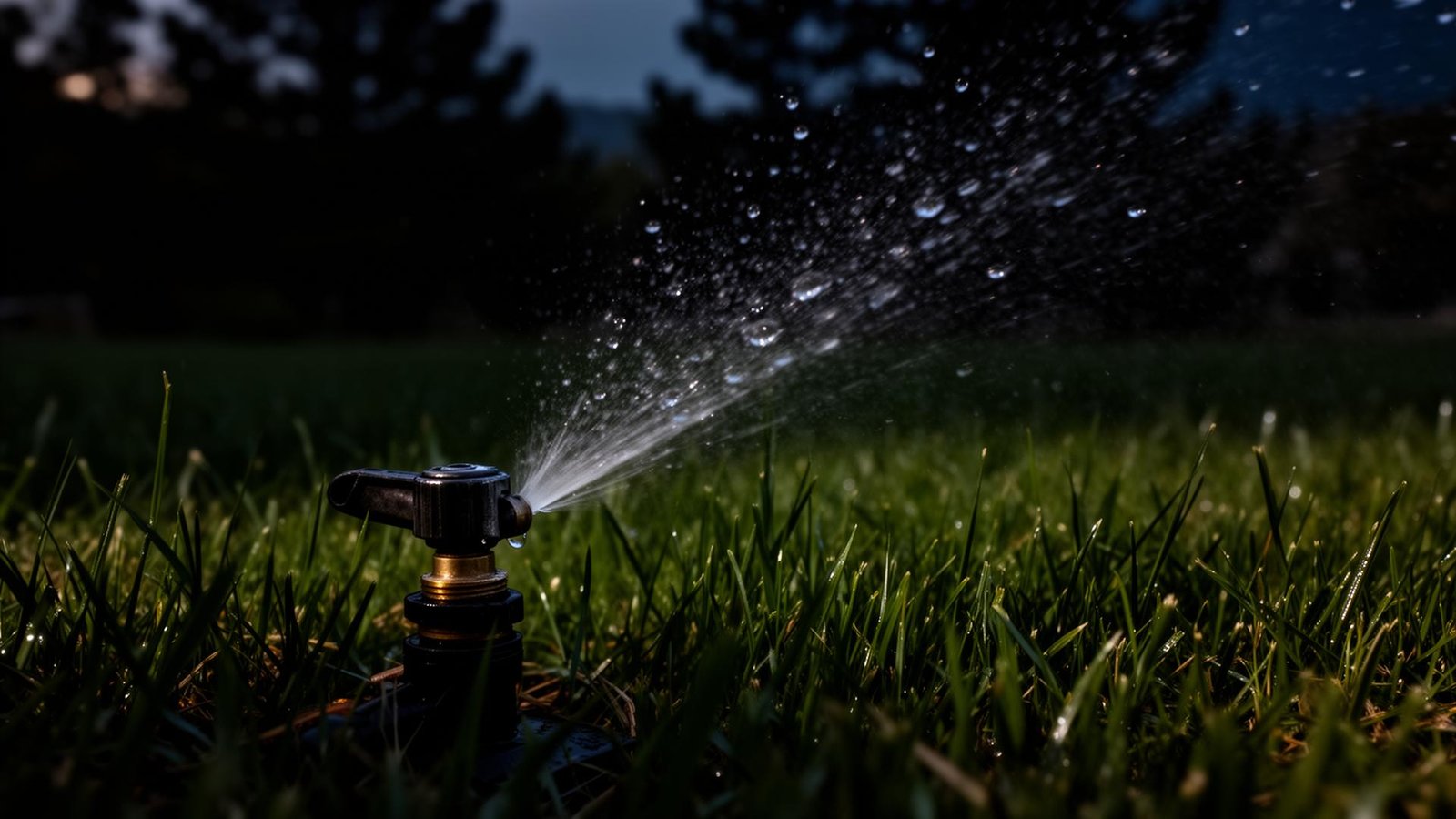 Lush green lawn with sprinkler at dusk